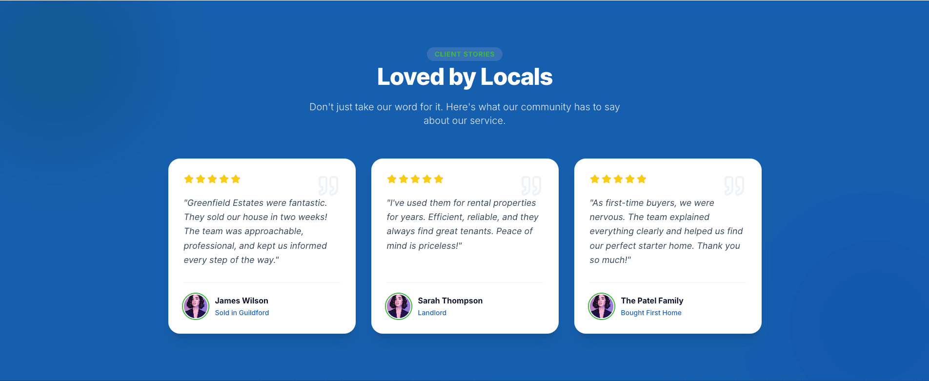 Greenfield Estates client testimonials carousel